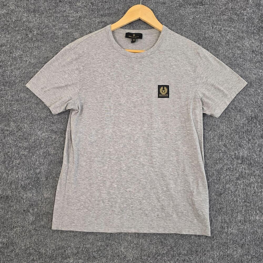Belstaff Shirt Mens Medium Gray Logo Patch Crewneck Cotton Tee Casual Luxury
